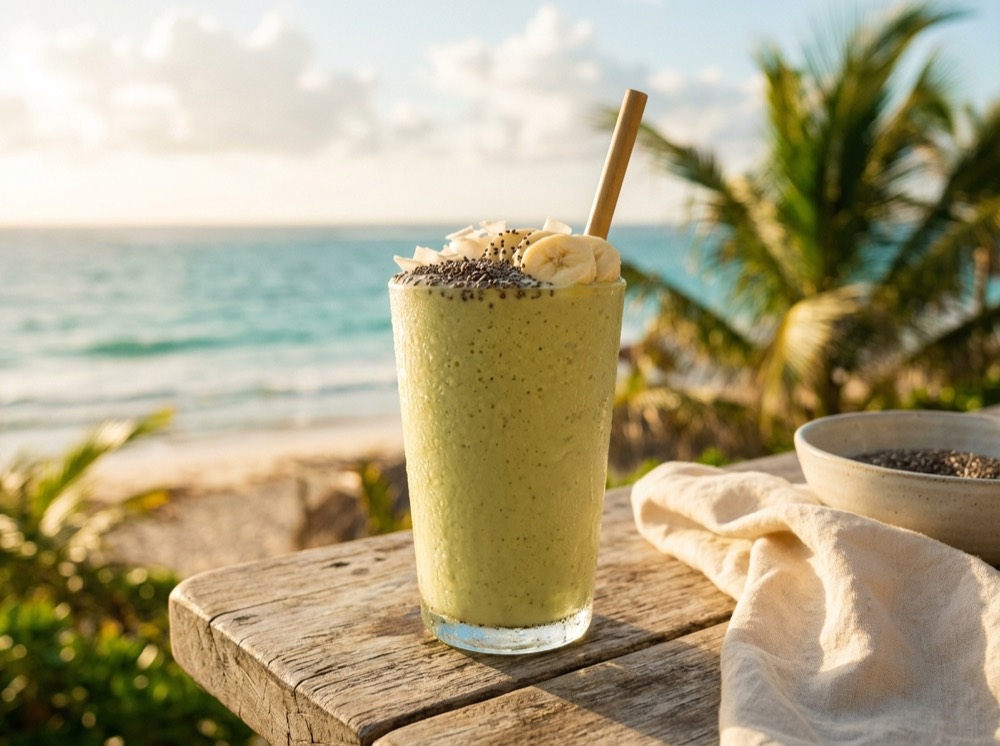 A tall glass of protein smoothie with the ocean behind