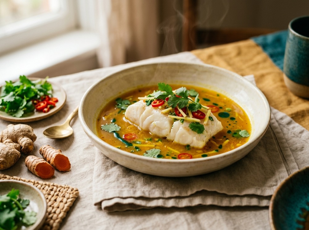 White fish poached in a golden turmeric and ginger broth