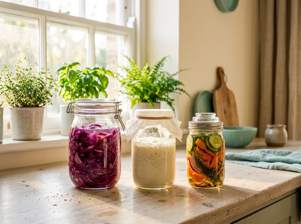 Three glass fermentation jars backlit on a kitchen counter