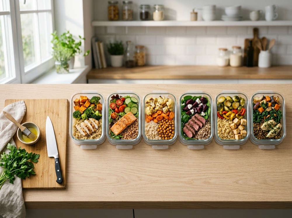 Glass meal-prep containers lined up on a wooden counter