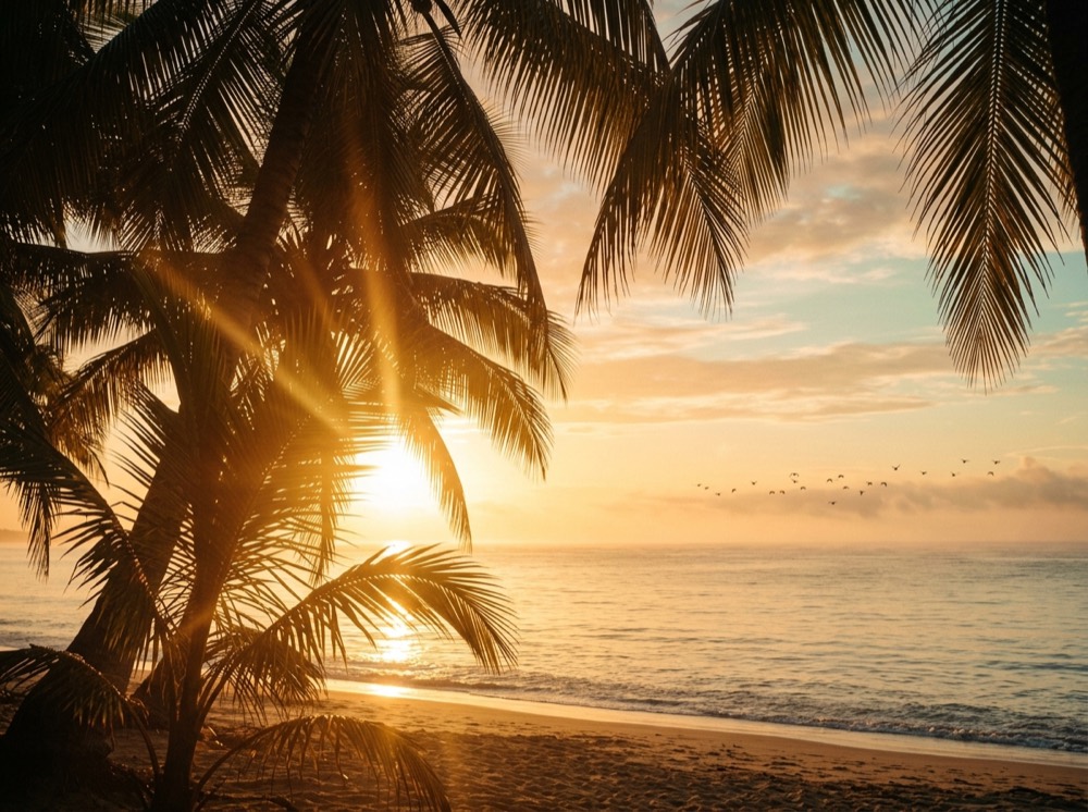 Golden sunrise light streaming through palm fronds over the ocean