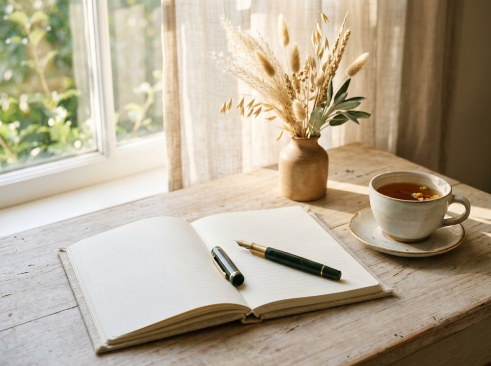 An open notebook and a cup of tea by a bright window