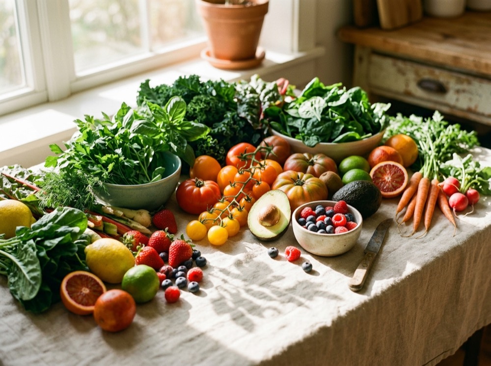 Colourful whole produce spread out in bright sunlight