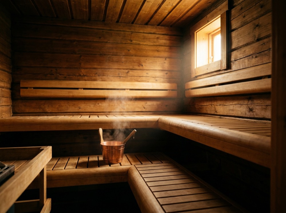 Warm cedar sauna interior with soft steam rising
