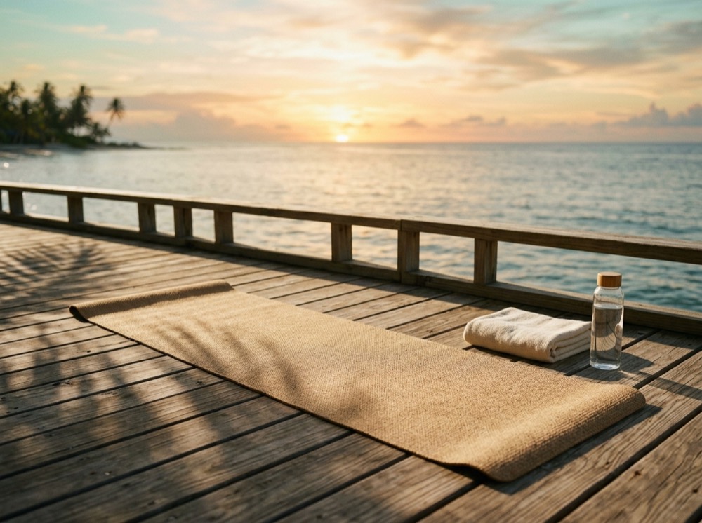 A wooden deck overlooking the ocean at sunrise