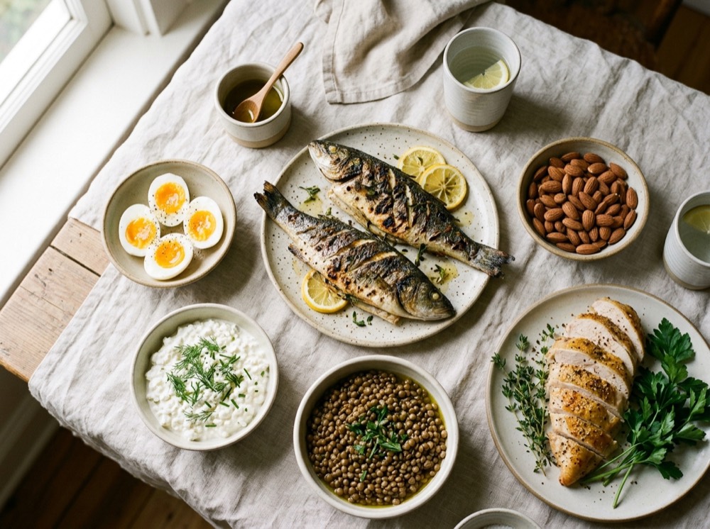 A spread of high-protein whole foods on pale linen