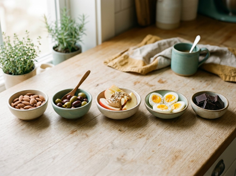 Small bowls of simple healthy snacks on a wooden counter