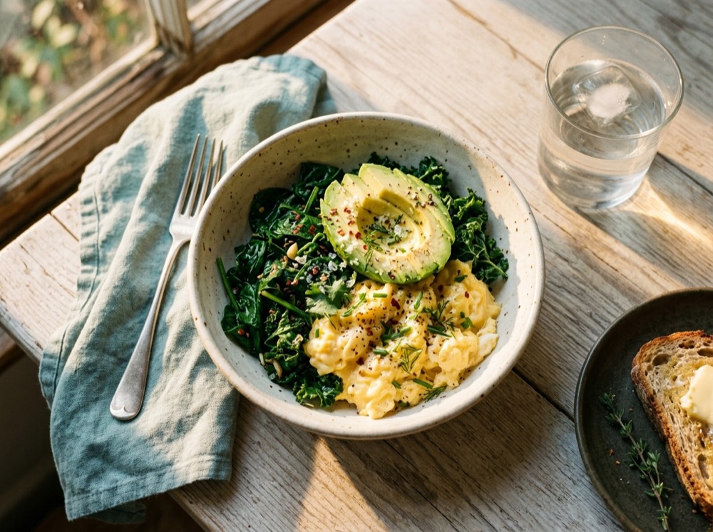 A breakfast bowl of eggs, greens and avocado in morning light