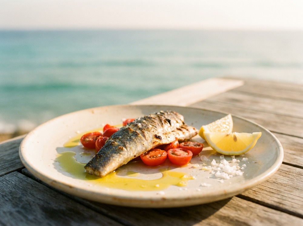 Grilled fish, tomato and lemon on a plate by the sea