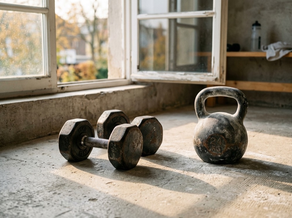 Cast-iron dumbbells and a kettlebell in morning light