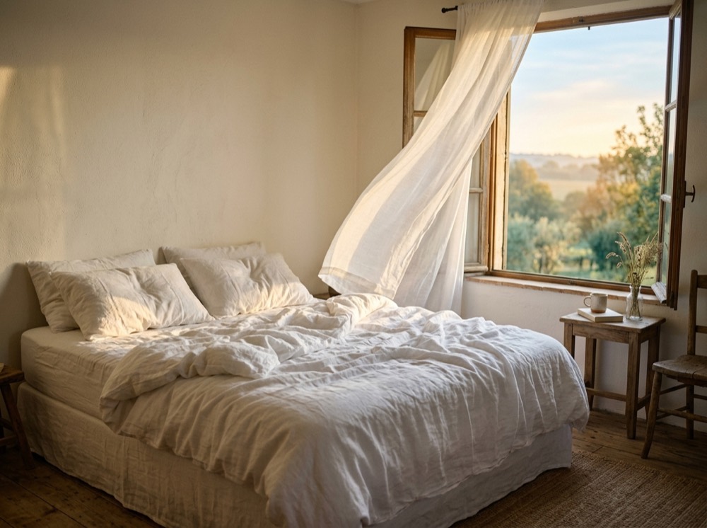 White linen bedding beside an open window at dawn