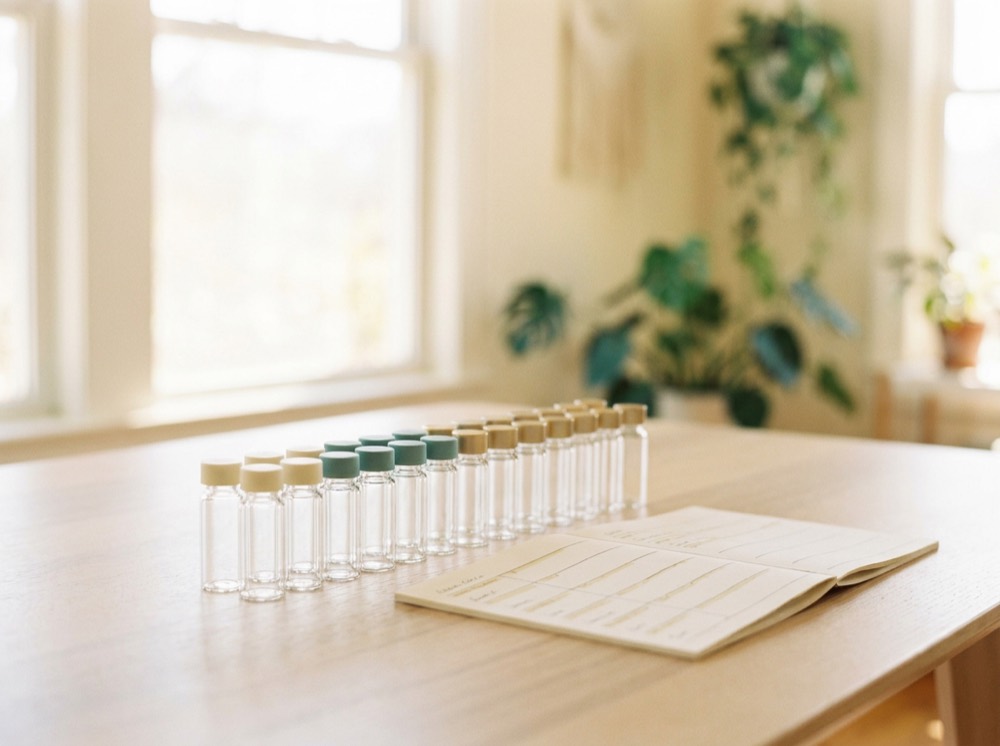 A row of glass laboratory vials in soft daylight
