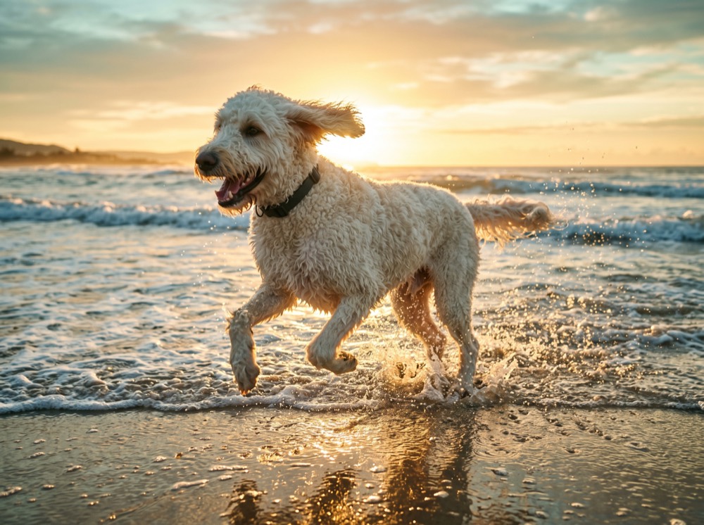 A large white labradoodle bounding free through the shallows at sunrise