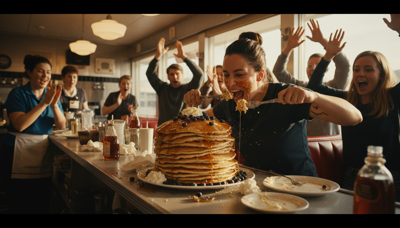 Competitive eater vs a pancake mountain