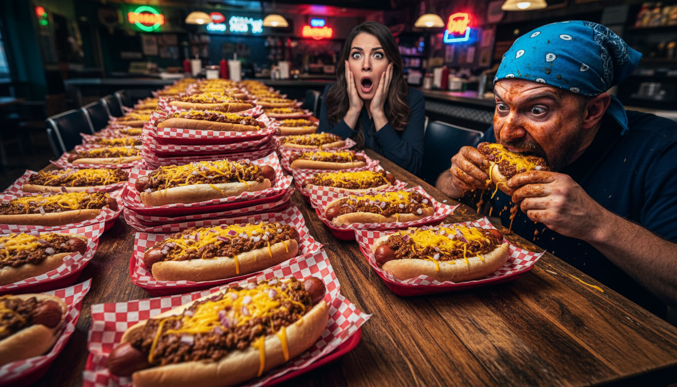 Forty chili dogs, one hour